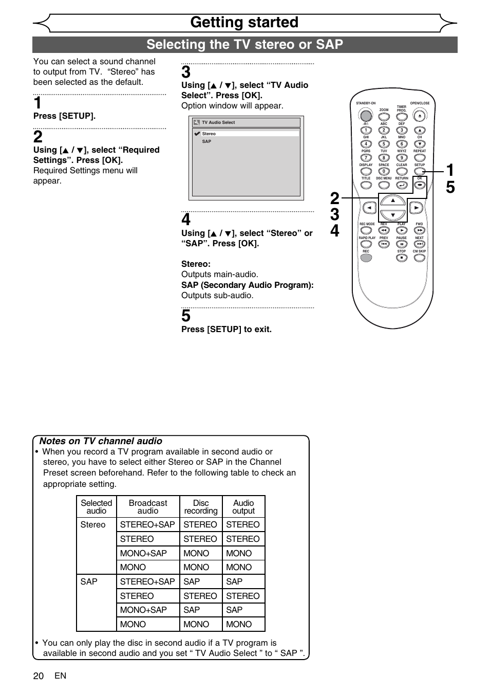 Getting started, Selecting the tv stereo or sap | FUNAI SV2000 WV10D6 User Manual | Page 20 / 82