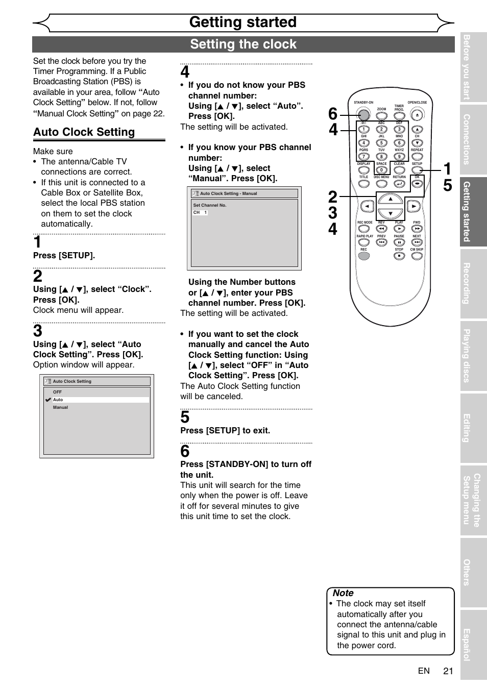 Getting started, Setting the clock, Auto clock setting | FUNAI SV2000 WV10D6 User Manual | Page 21 / 82