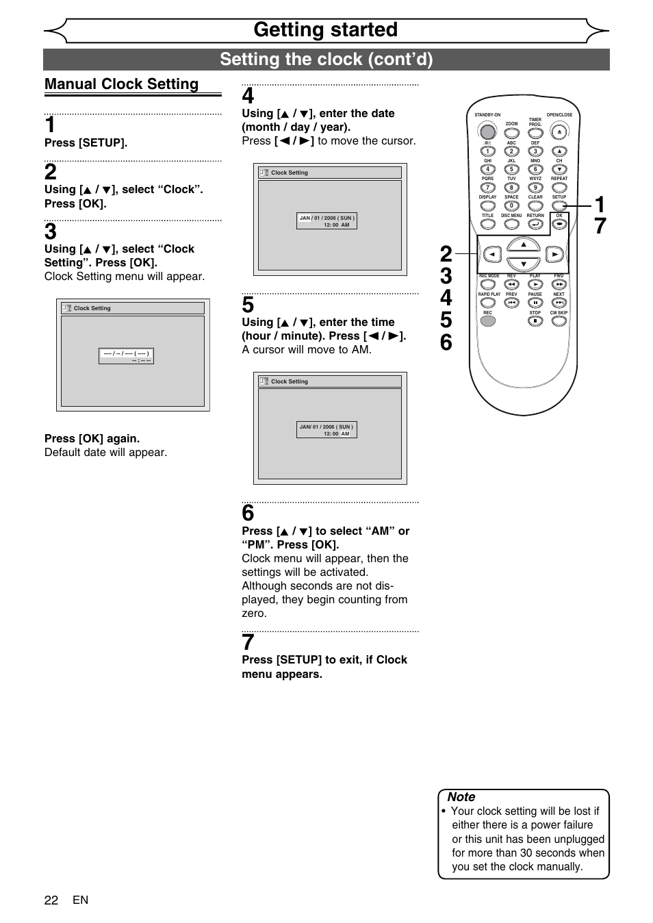 Getting started, Setting the clock (cont’d), Manual clock setting | Press [setup, Using [ k / l ], select “clock”. press [ok, Press [ok] again. default date will appear, Press [setup] to exit, if clock menu appears | FUNAI SV2000 WV10D6 User Manual | Page 22 / 82