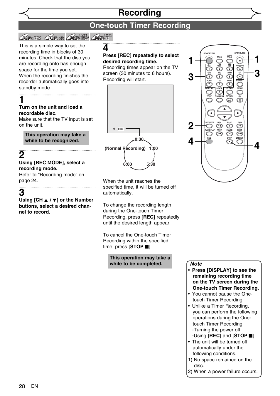 Recording, One-touch timer recording | FUNAI SV2000 WV10D6 User Manual | Page 28 / 82