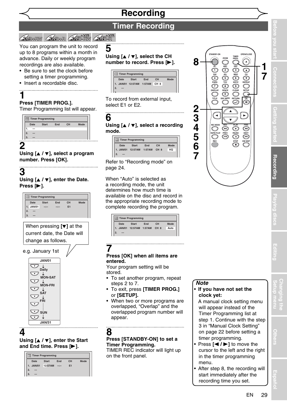 Recording, Timer recording, Using [ k / l ], enter the date. press [ b | E.g. january 1st | FUNAI SV2000 WV10D6 User Manual | Page 29 / 82