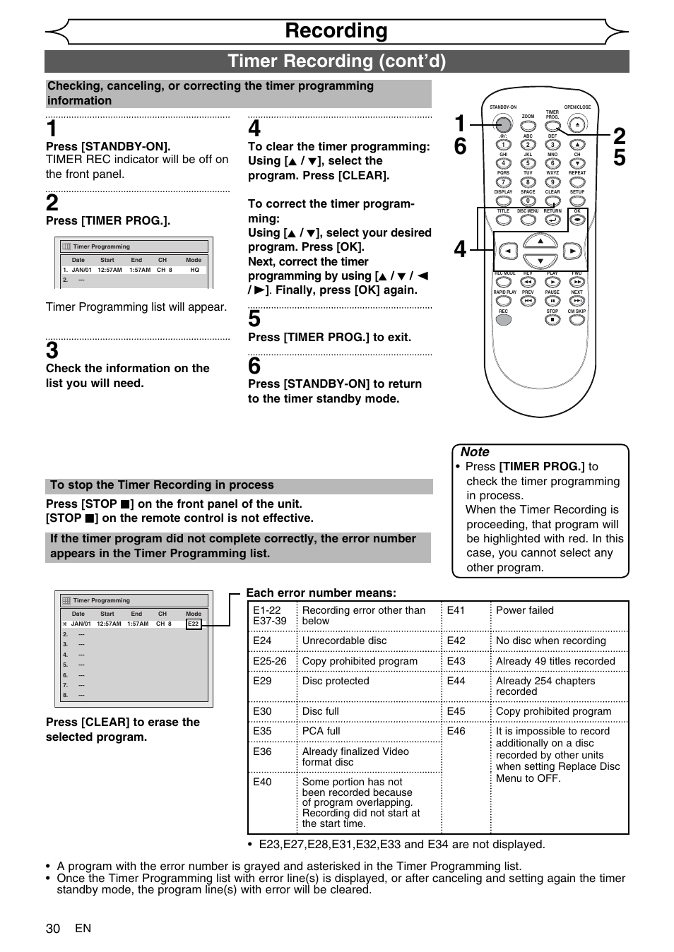 Recording, Timer recording (cont’d), Check the information on the list you will need | Press [timer prog.] to exit | FUNAI SV2000 WV10D6 User Manual | Page 30 / 82