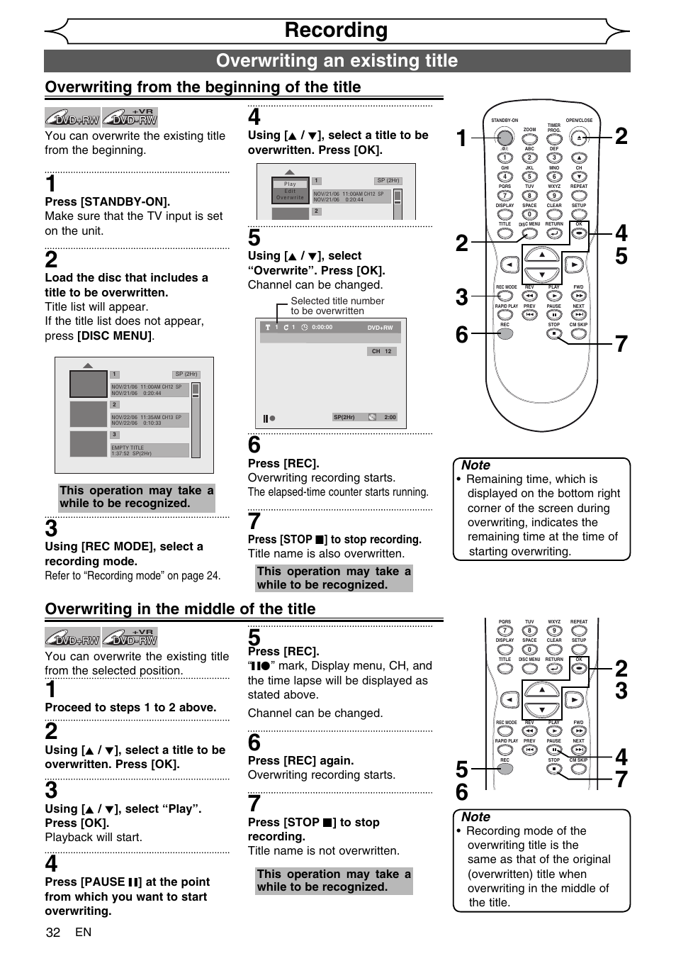Recording, Overwriting an existing title, Overwriting from the beginning of the title | Overwriting in the middle of the title | FUNAI SV2000 WV10D6 User Manual | Page 32 / 82
