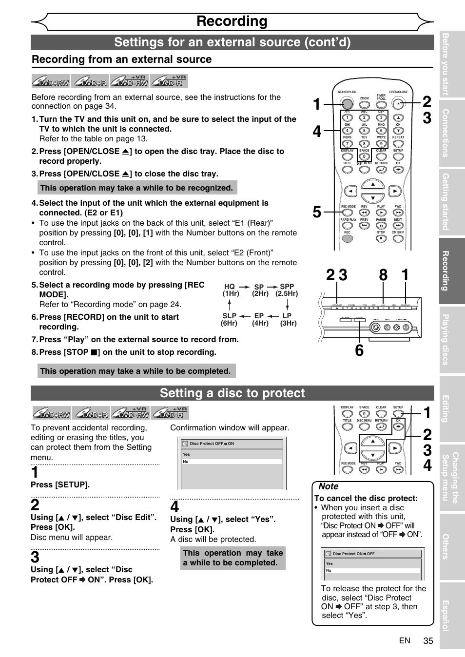 Recording, Setting a disc to protect, Settings for an external source (cont’d) | Recording from an external source | FUNAI SV2000 WV10D6 User Manual | Page 35 / 82