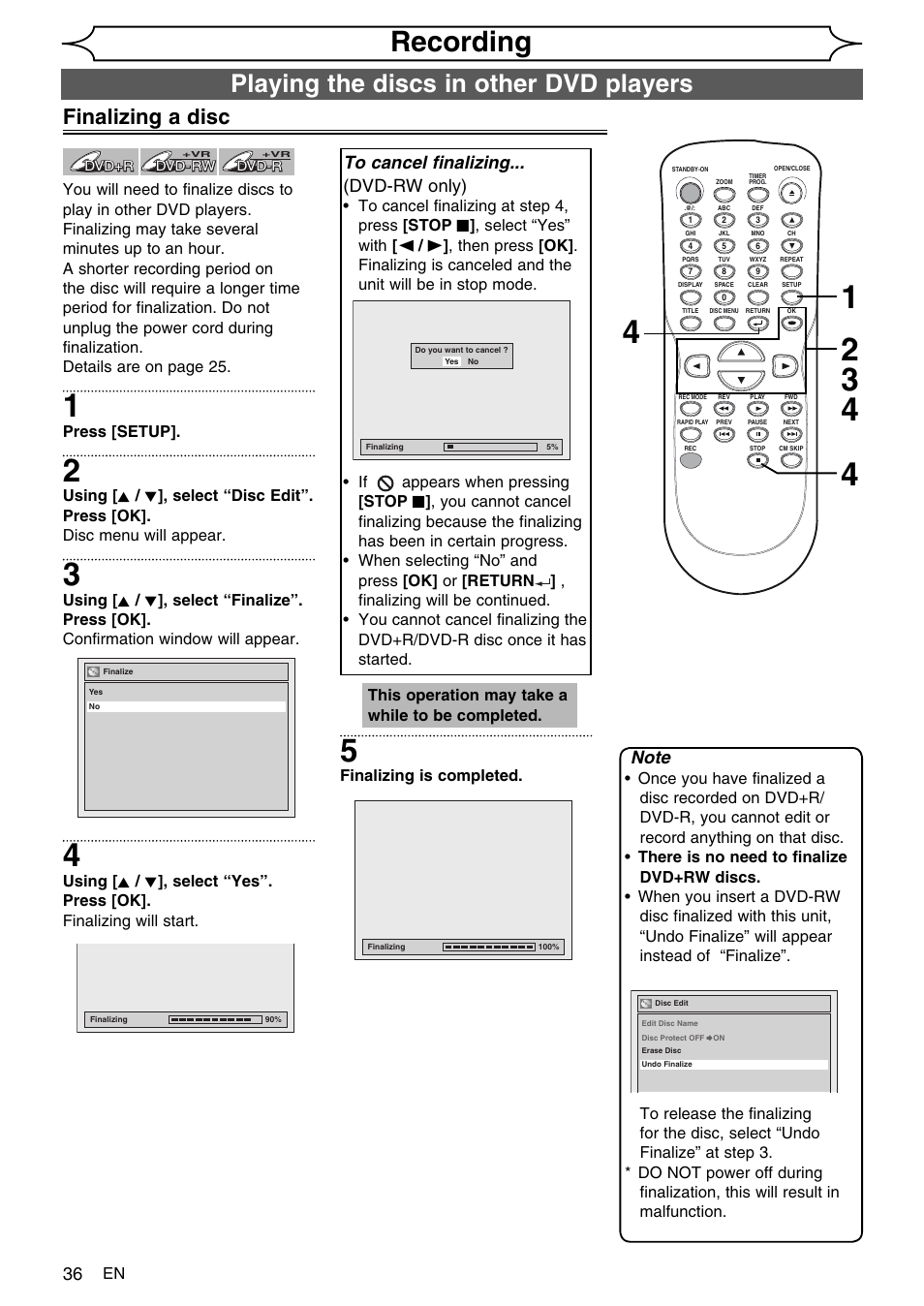Recording, Playing the discs in other dvd players, Finalizing a disc | FUNAI SV2000 WV10D6 User Manual | Page 36 / 82