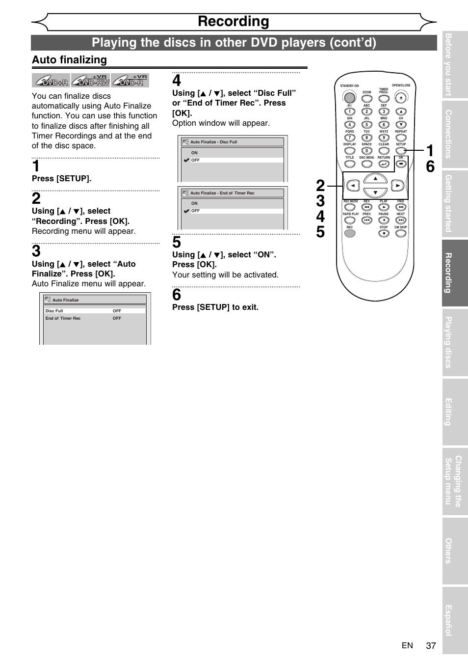 Recording, Playing the discs in other dvd players (cont’d), Auto finalizing | FUNAI SV2000 WV10D6 User Manual | Page 37 / 82