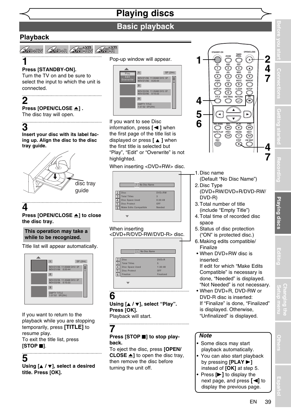 Playing discs, Basic playback, Playback | Title, Disc tray guide | FUNAI SV2000 WV10D6 User Manual | Page 39 / 82