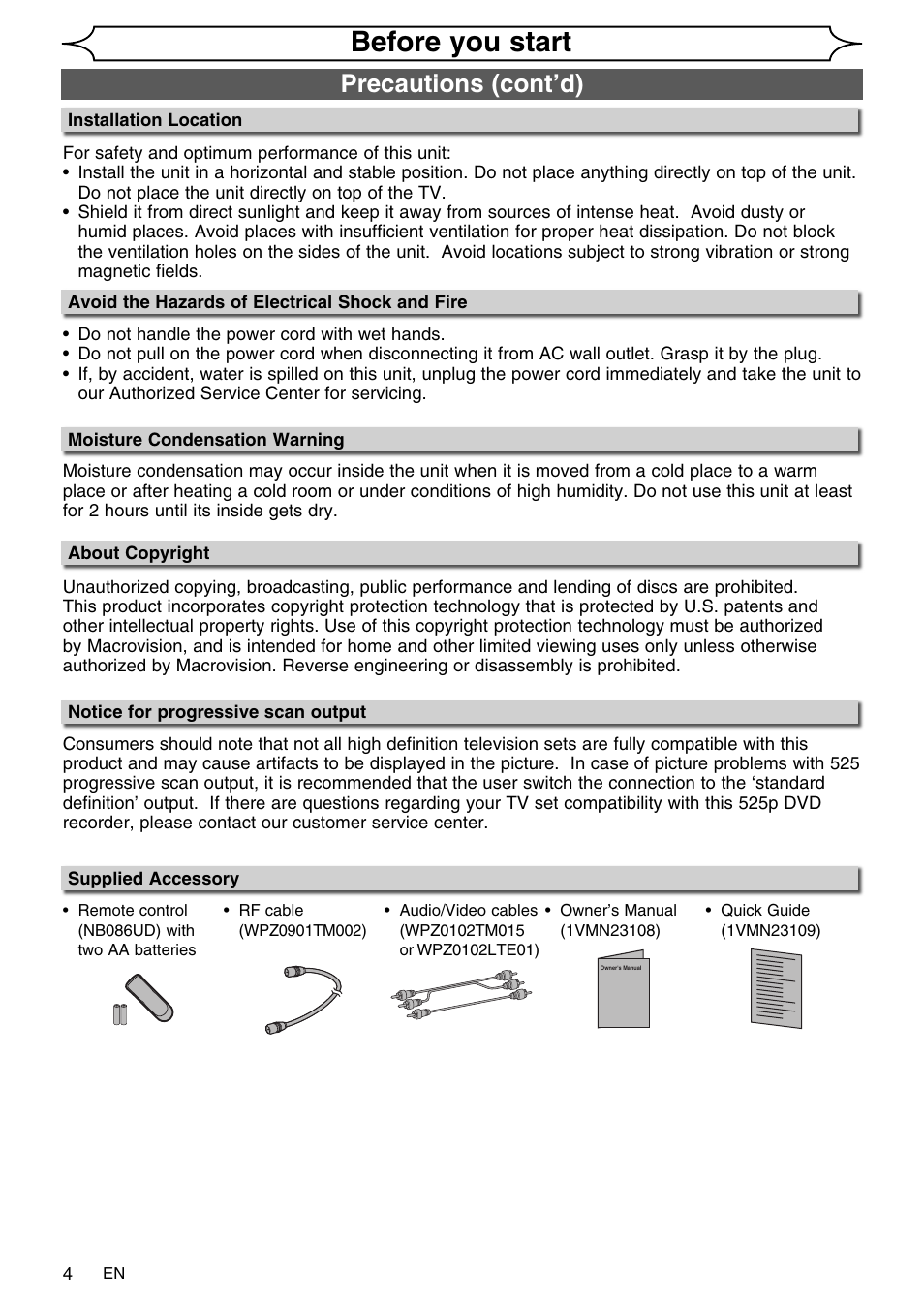 Before you start, Precautions (cont’d) | FUNAI SV2000 WV10D6 User Manual | Page 4 / 82