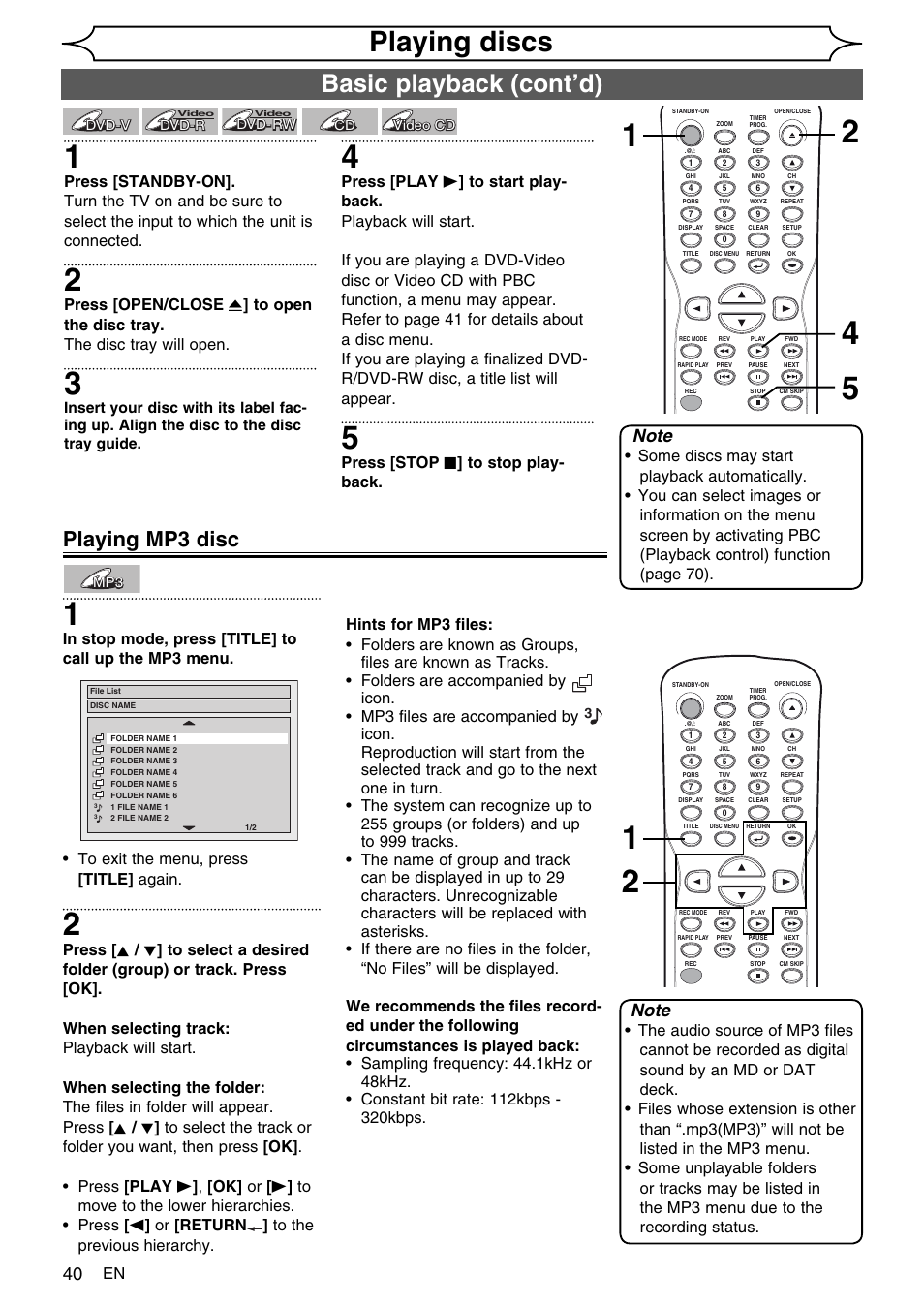 Playing discs, Basic playback (cont’d), Playing mp3 disc | Press [stop c ] to stop play- back | FUNAI SV2000 WV10D6 User Manual | Page 40 / 82