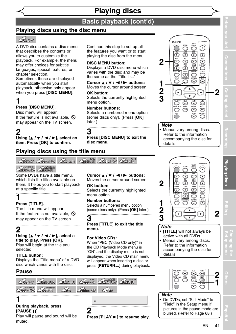 Playing discs, Basic playback (cont’d), Playing discs using the disc menu | Playing discs using the title menu pause | FUNAI SV2000 WV10D6 User Manual | Page 41 / 82