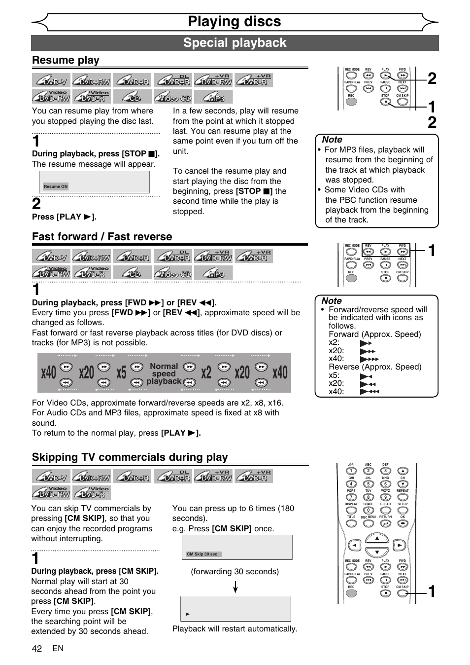 Playing discs, Special playback, Resume play | Fast forward / fast reverse, Skipping tv commercials during play | FUNAI SV2000 WV10D6 User Manual | Page 42 / 82