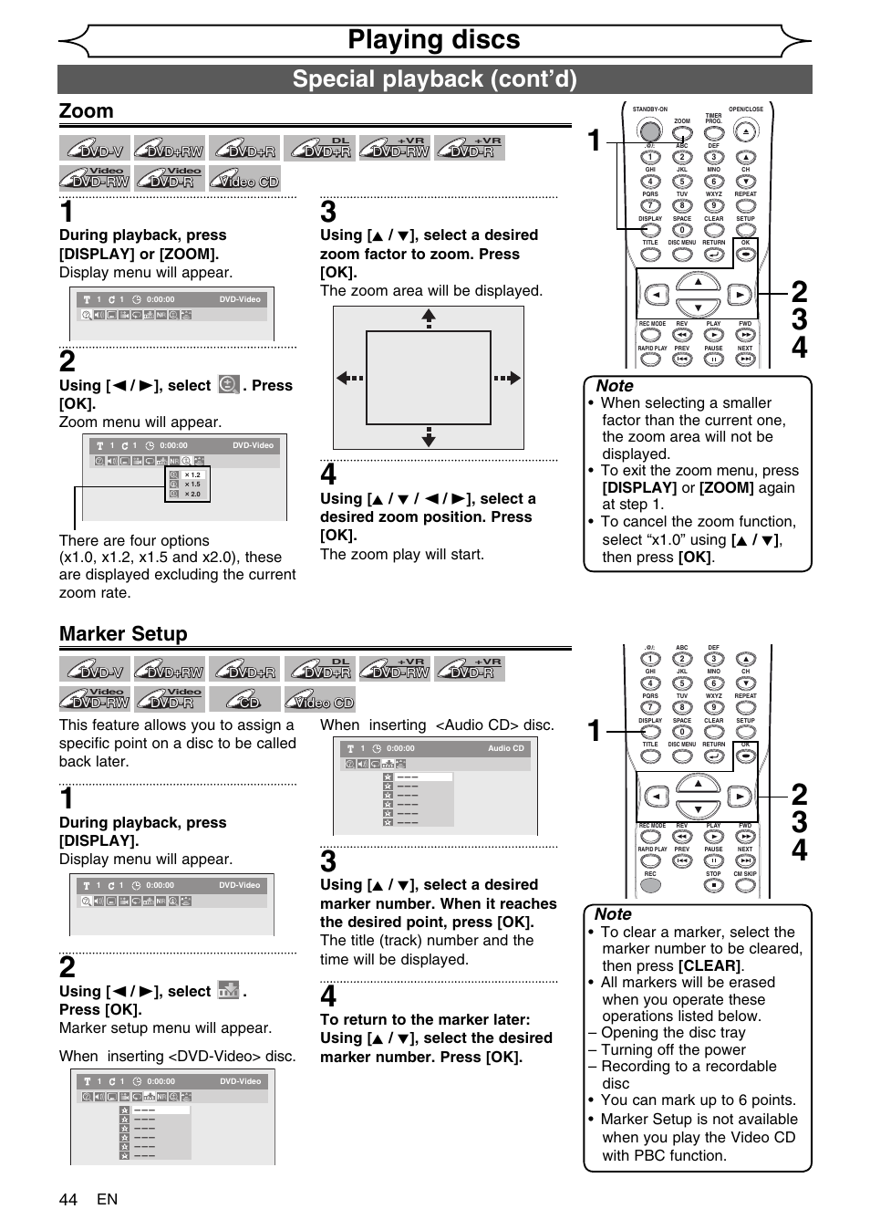 Playing discs, Special playback (cont’d), Zoom | Marker setup | FUNAI SV2000 WV10D6 User Manual | Page 44 / 82