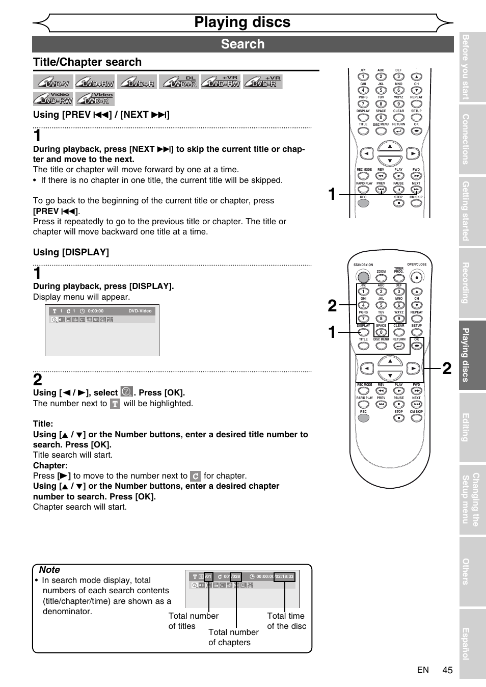 Playing discs, Search, Title/chapter search | Using [prev h ] / [next g, Using [display | FUNAI SV2000 WV10D6 User Manual | Page 45 / 82