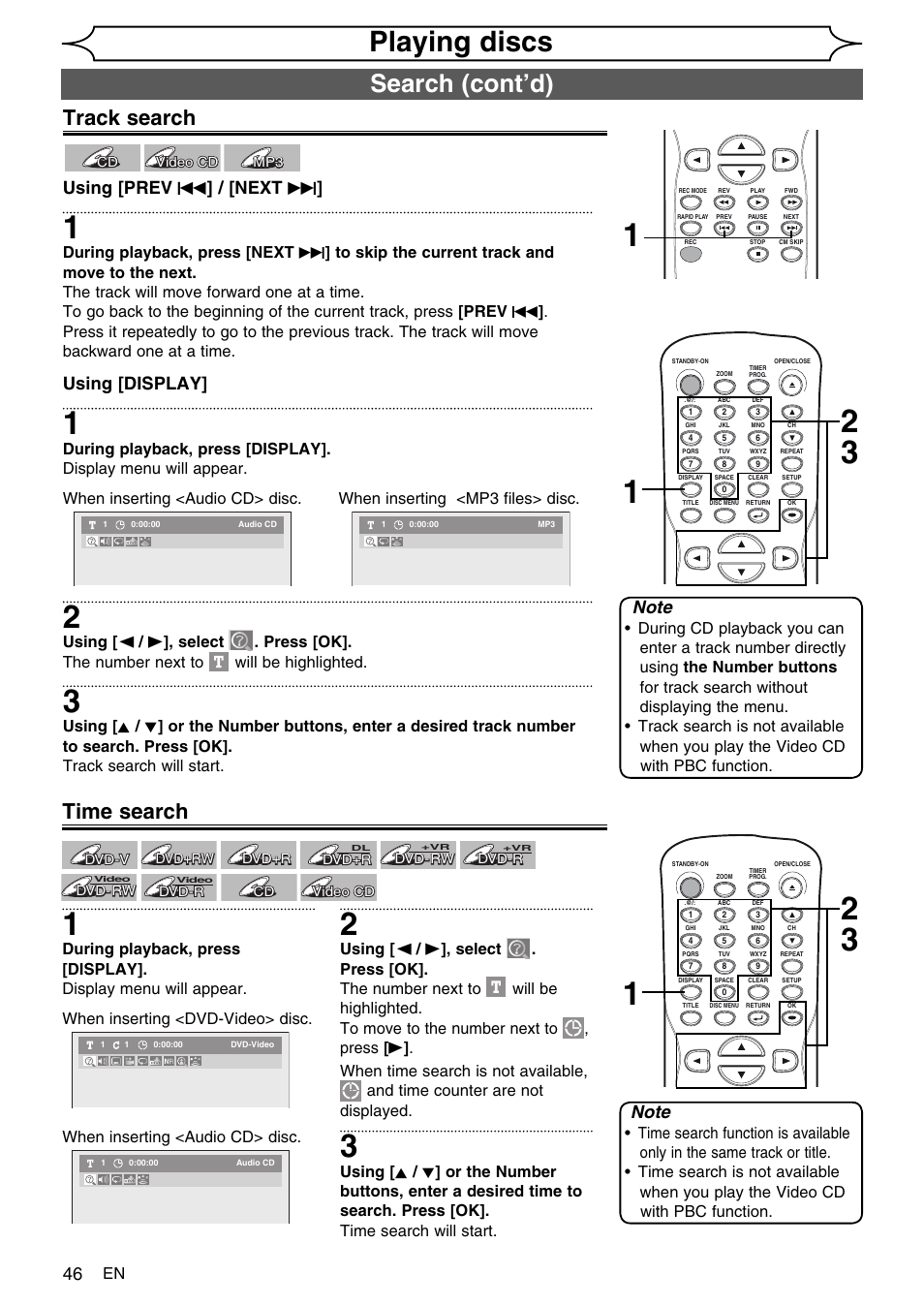 Playing discs, Search (cont’d), Track search | Time search, Using [display, Using [prev h ] / [next g | FUNAI SV2000 WV10D6 User Manual | Page 46 / 82