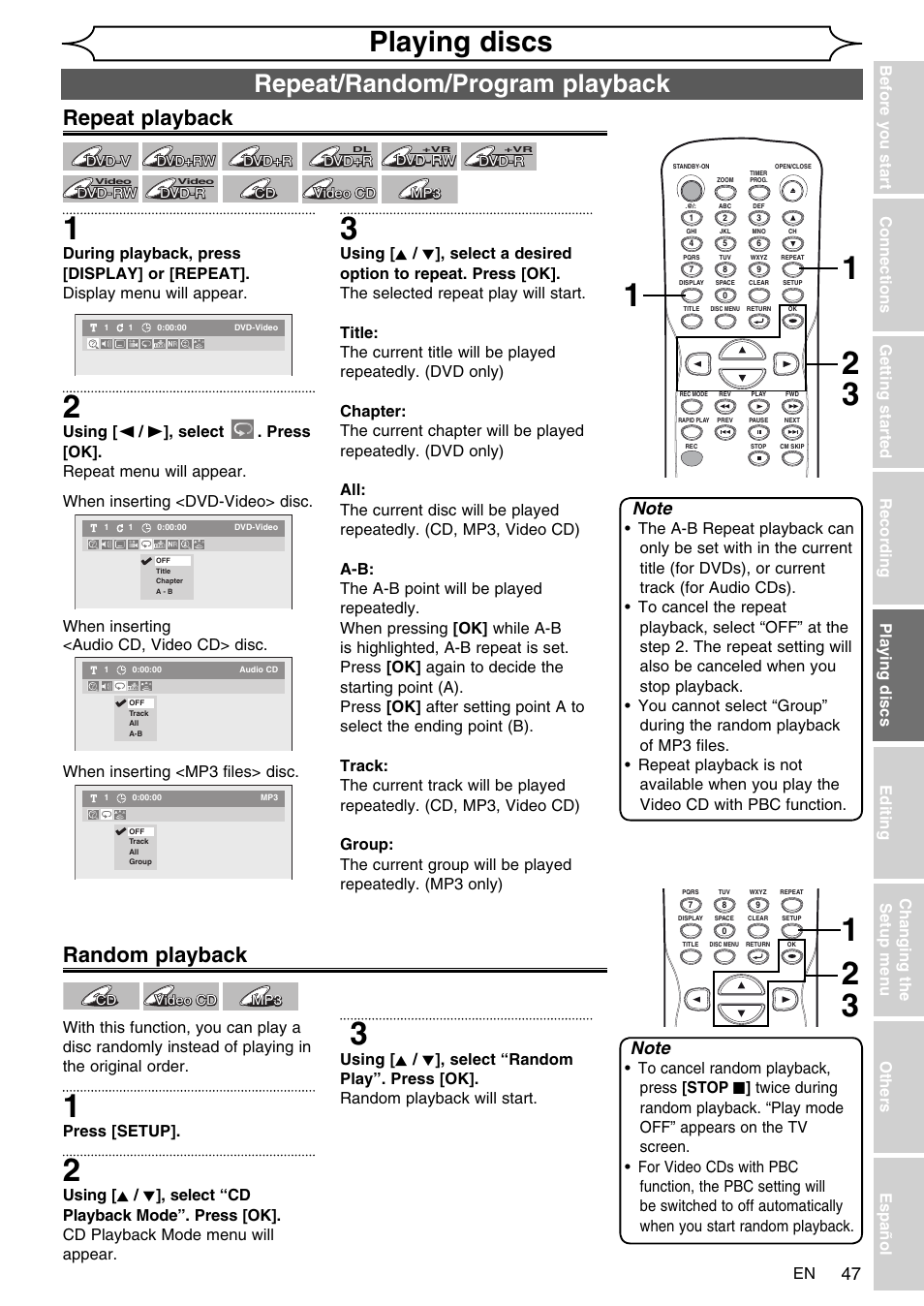 Playing discs, Repeat/random/program playback, Repeat playback | Random playback | FUNAI SV2000 WV10D6 User Manual | Page 47 / 82