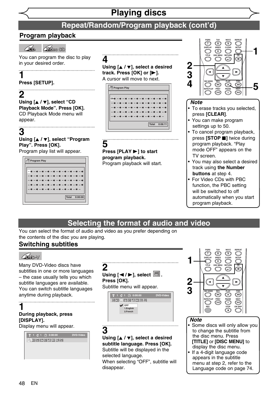 Playing discs, Selecting the format of audio and video, Repeat/random/program playback (cont’d) | Program playback, Switching subtitles, Press [setup | FUNAI SV2000 WV10D6 User Manual | Page 48 / 82