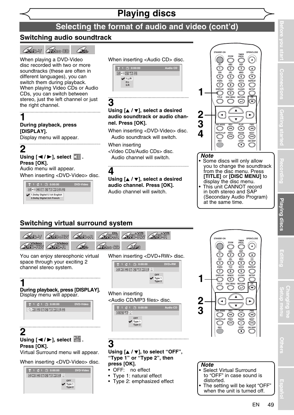 Playing discs, Selecting the format of audio and video (cont’d), Switching audio soundtrack | Switching virtual surround system | FUNAI SV2000 WV10D6 User Manual | Page 49 / 82