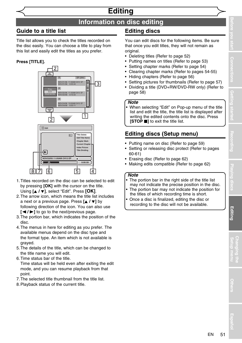 Editing, Information on disc editing, Guide to a title list | Editing discs, Editing discs (setup menu) | FUNAI SV2000 WV10D6 User Manual | Page 51 / 82