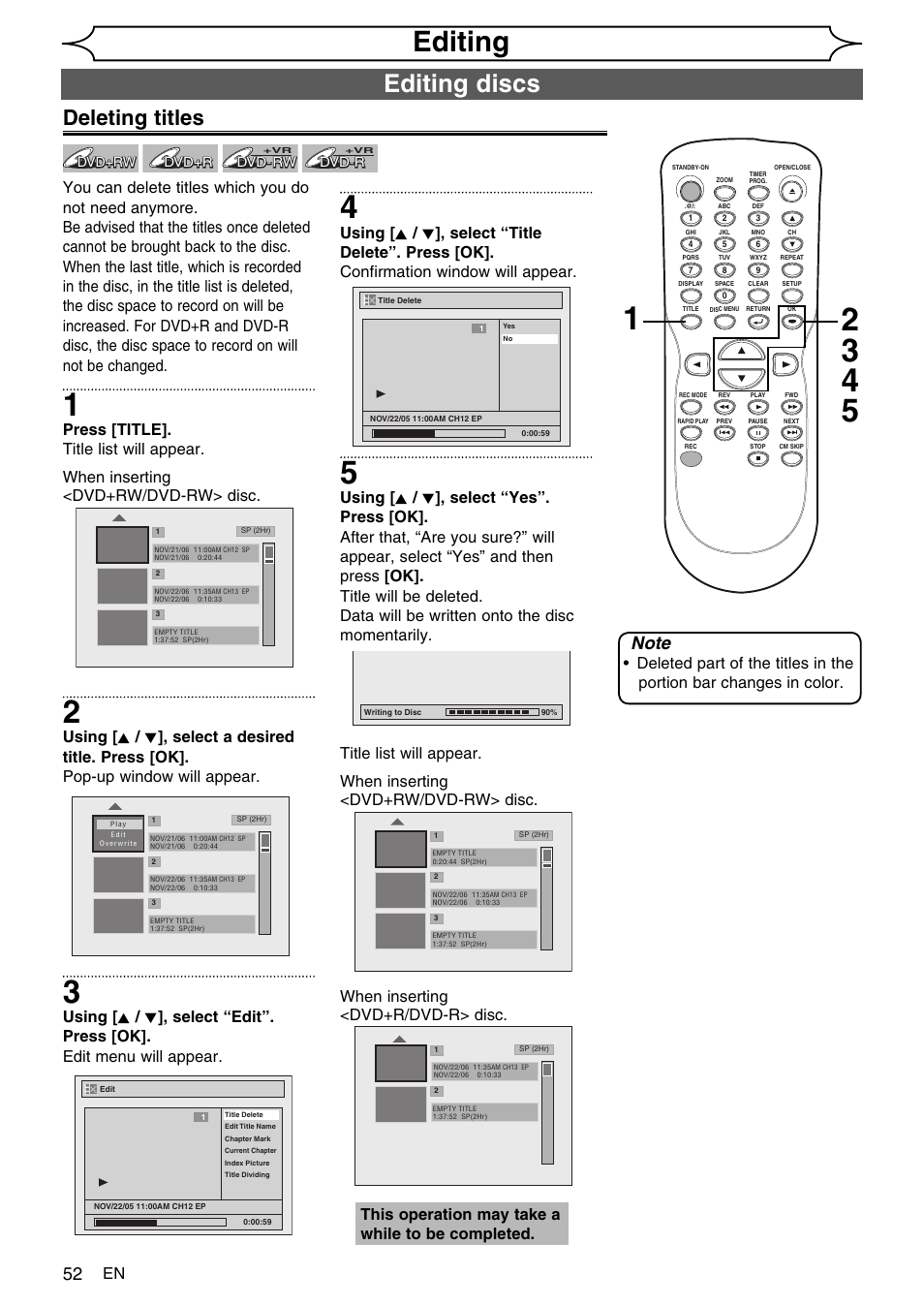 Editing, Editing discs, Deleting titles | This operation may take a while to be completed | FUNAI SV2000 WV10D6 User Manual | Page 52 / 82