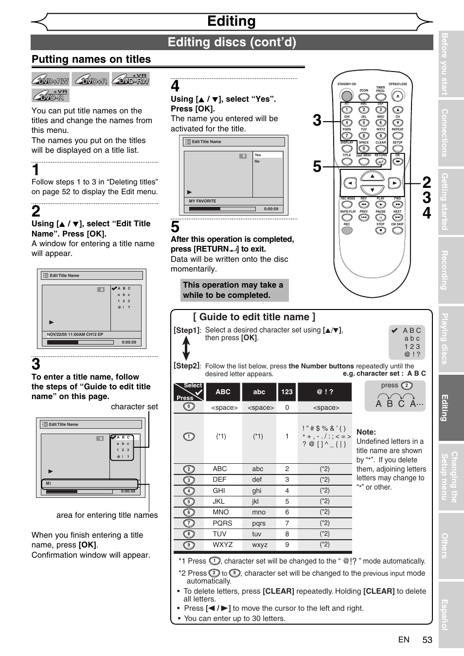 Editing, Editing discs (cont’d), Putting names on titles | Guide to edit title name, A b c a | FUNAI SV2000 WV10D6 User Manual | Page 53 / 82