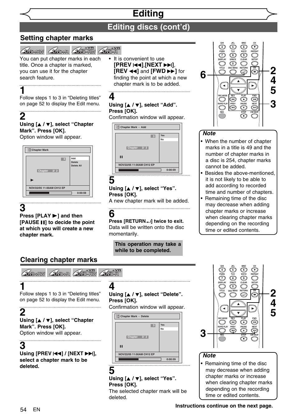 Editing, Editing discs (cont’d), Setting chapter marks | Clearing chapter marks, Prev, Next | FUNAI SV2000 WV10D6 User Manual | Page 54 / 82