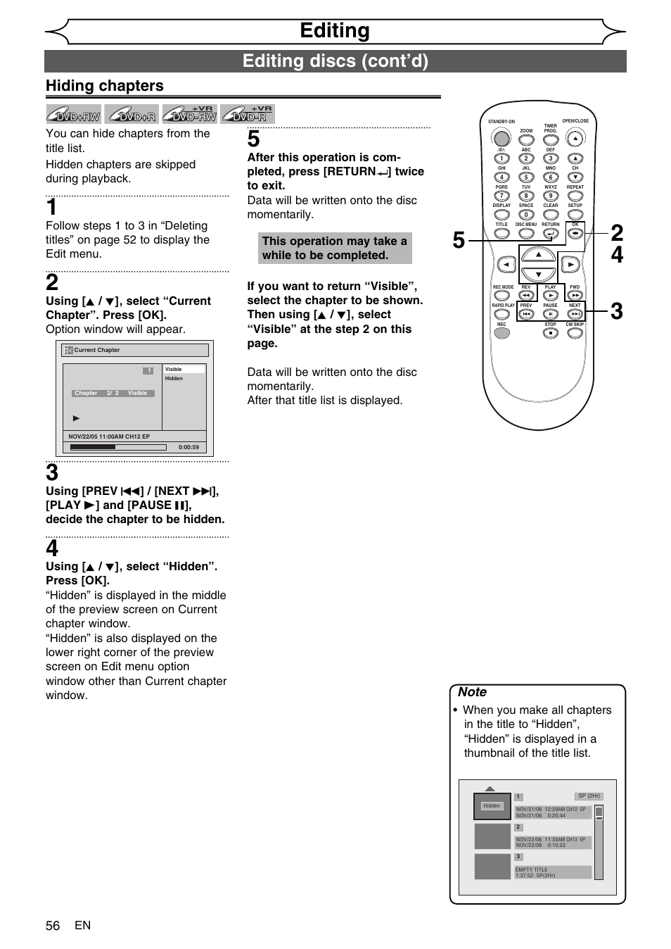 Editing, Editing discs (cont’d), Hiding chapters | This operation may take a while to be completed | FUNAI SV2000 WV10D6 User Manual | Page 56 / 82