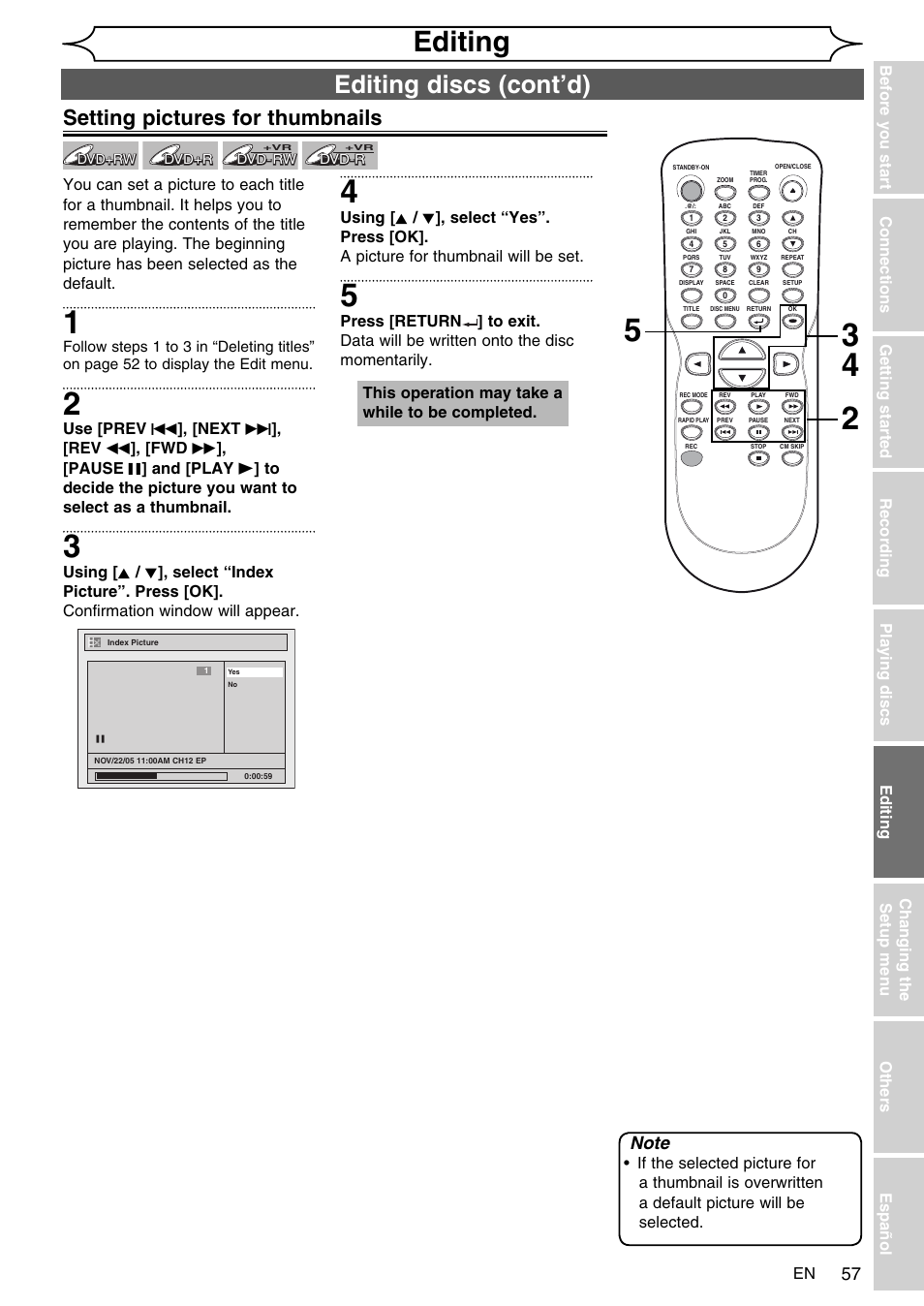 Editing, Editing discs (cont’d), Setting pictures for thumbnails | FUNAI SV2000 WV10D6 User Manual | Page 57 / 82