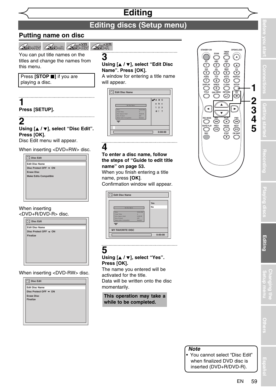 Editing, Editing discs (setup menu), Putting name on disc | Press [setup, Press [stop c ] if you are playing a disc, This operation may take a while to be completed | FUNAI SV2000 WV10D6 User Manual | Page 59 / 82