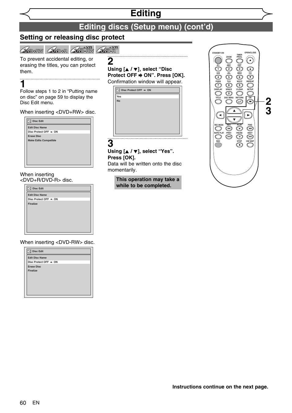 Editing, Editing discs (setup menu) (cont’d), Setting or releasing disc protect | This operation may take a while to be completed, Instructions continue on the next page | FUNAI SV2000 WV10D6 User Manual | Page 60 / 82