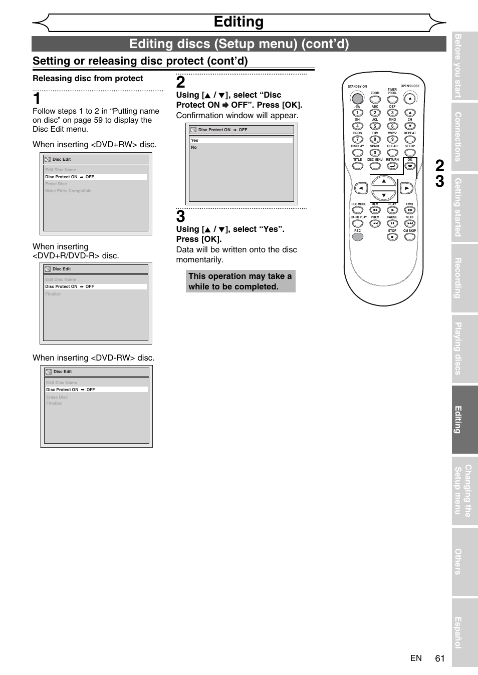 Editing, Editing discs (setup menu) (cont’d), Setting or releasing disc protect (cont’d) | Releasing disc from protect, This operation may take a while to be completed | FUNAI SV2000 WV10D6 User Manual | Page 61 / 82
