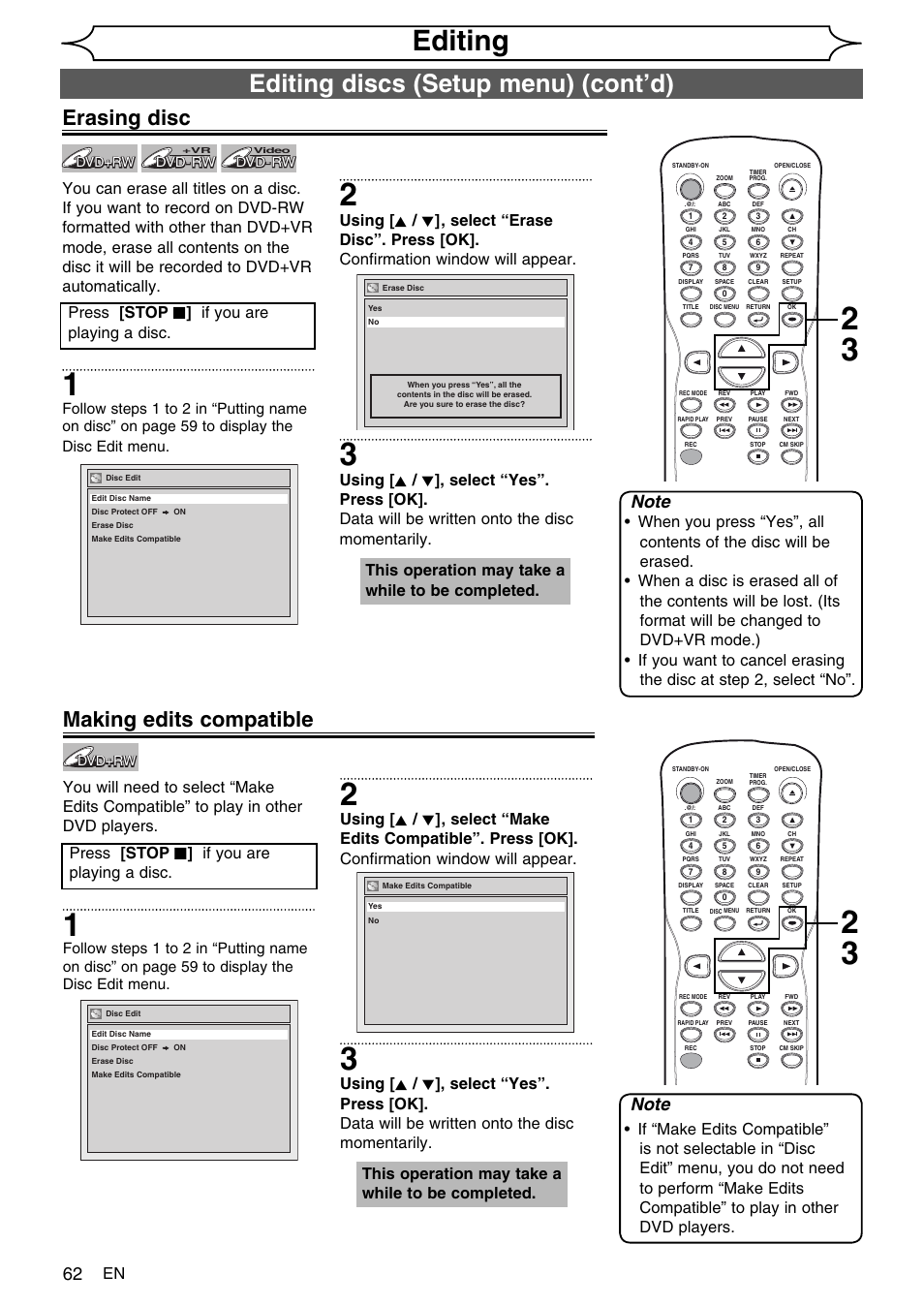 Editing, Editing discs (setup menu) (cont’d), Erasing disc | Making edits compatible, Press [stop c ] if you are playing a disc | FUNAI SV2000 WV10D6 User Manual | Page 62 / 82