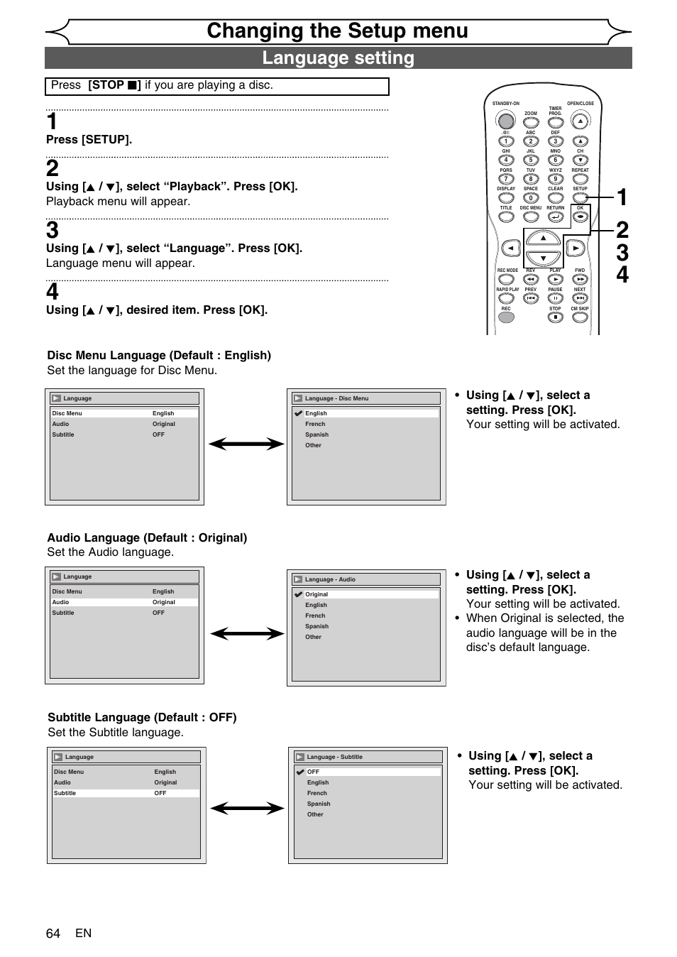Changing the setup menu, Language setting, Press [setup | FUNAI SV2000 WV10D6 User Manual | Page 64 / 82