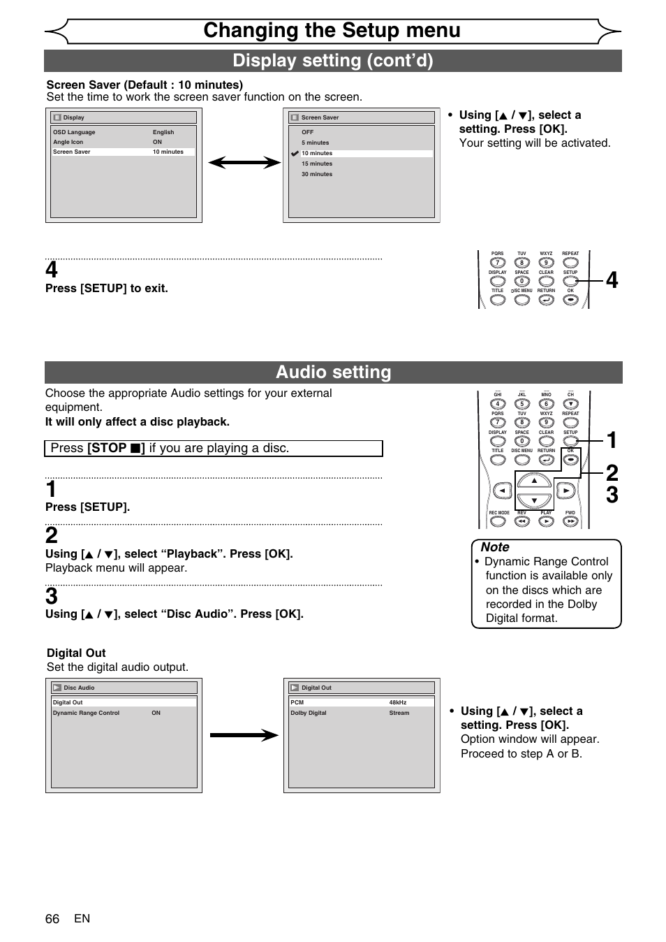 Changing the setup menu, Audio setting display setting (cont’d), Press [stop c ] if you are playing a disc | Press [setup] to exit, Press [setup, Using [ k / l ], select “disc audio”. press [ok | FUNAI SV2000 WV10D6 User Manual | Page 66 / 82