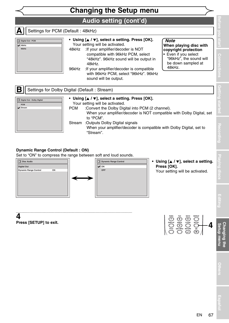 Changing the setup menu, Audio setting (cont’d), Settings for dolby digital (default : stream) | Settings for pcm (default : 48khz) | FUNAI SV2000 WV10D6 User Manual | Page 67 / 82