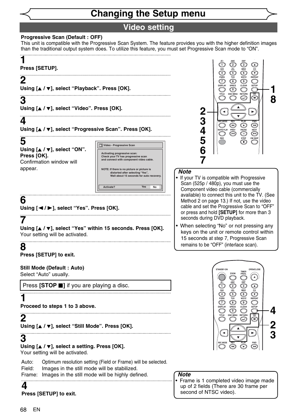 Changing the setup menu, Video setting, Press [stop c ] if you are playing a disc | FUNAI SV2000 WV10D6 User Manual | Page 68 / 82