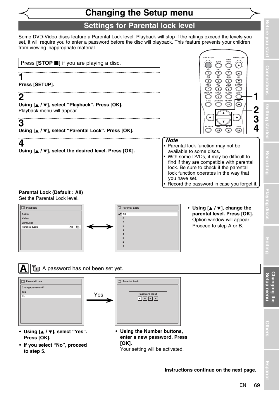 Changing the setup menu, Settings for parental lock level, Press [stop c ] if you are playing a disc | A password has not been set yet | FUNAI SV2000 WV10D6 User Manual | Page 69 / 82