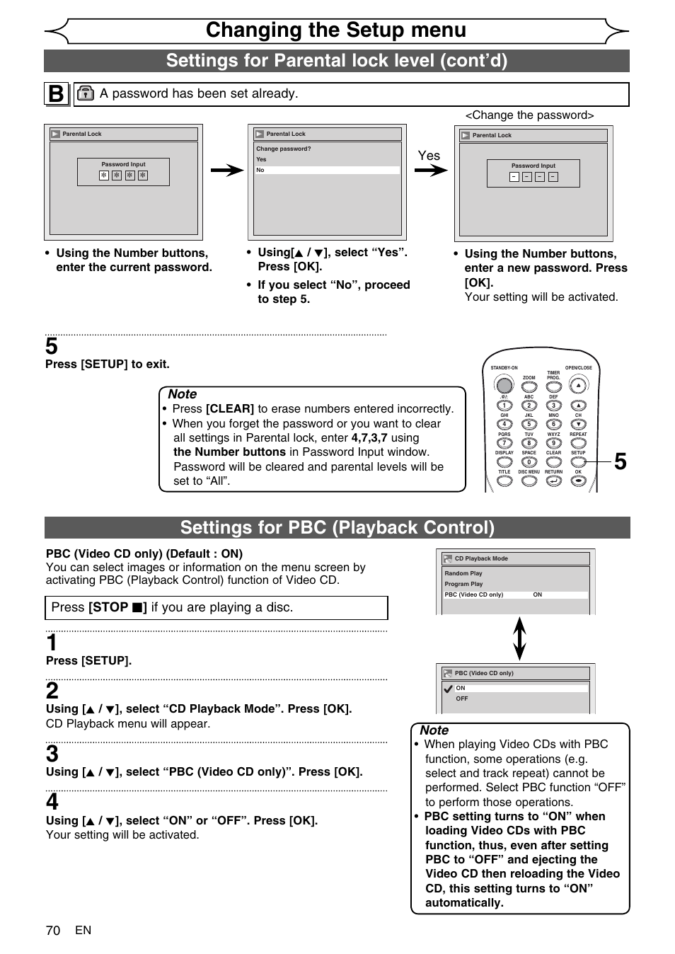 Changing the setup menu, Settings for parental lock level (cont’d), Settings for pbc (playback control) | A password has been set already, Press [stop c ] if you are playing a disc | FUNAI SV2000 WV10D6 User Manual | Page 70 / 82