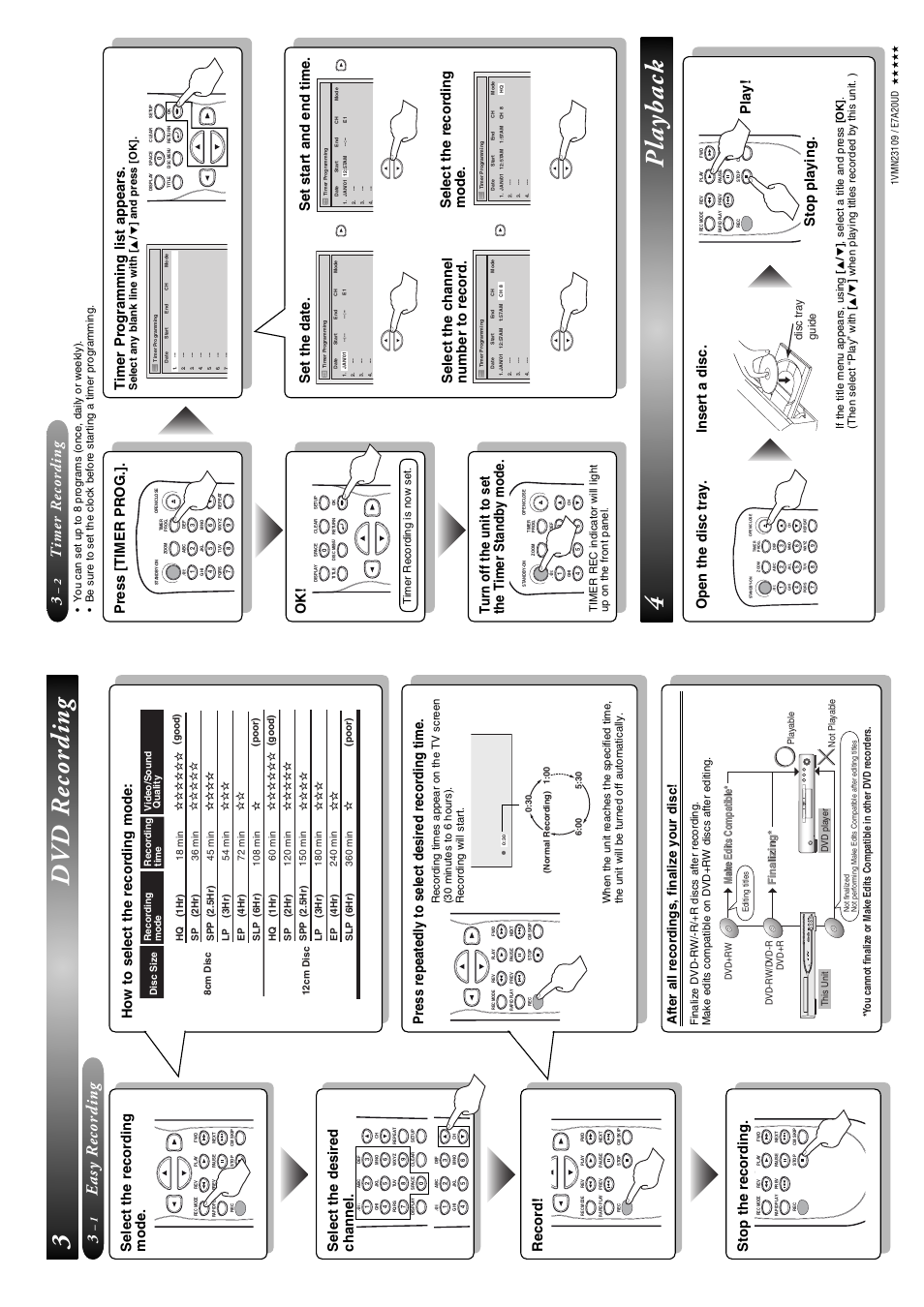 3dvd recording, 4playback, Easy recording | Timer recording, Press repeatedly to select desired recording time, Select the recording mode, Record, Select the desired channel, Stop the recording, Press [timer prog | FUNAI SV2000 WV10D6 User Manual | Page 82 / 82