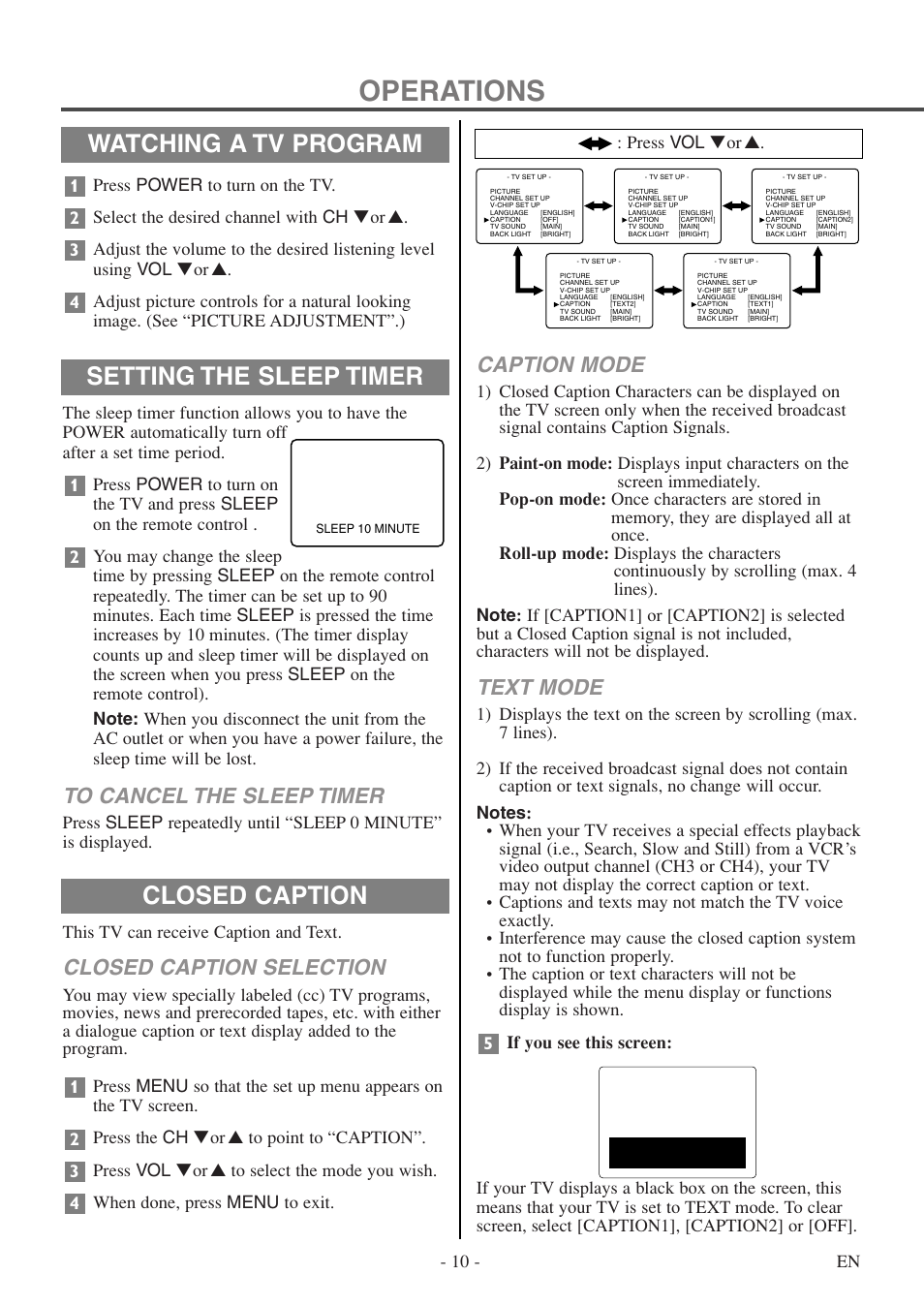 Operations, Watching a tv program, Setting the sleep timer closed caption | Caption mode, Text mode, Closed caption selection, Press vol ▼or | FUNAI F20LCTE-A User Manual | Page 10 / 48