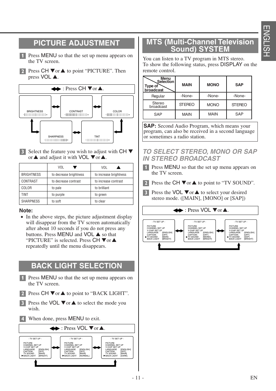 English, Back light selection, Press vol ▼or | Press ch ▼or | FUNAI F20LCTE-A User Manual | Page 11 / 48