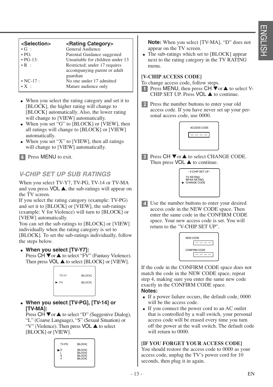 English, V-chip set up sub ratings | FUNAI F20LCTE-A User Manual | Page 13 / 48