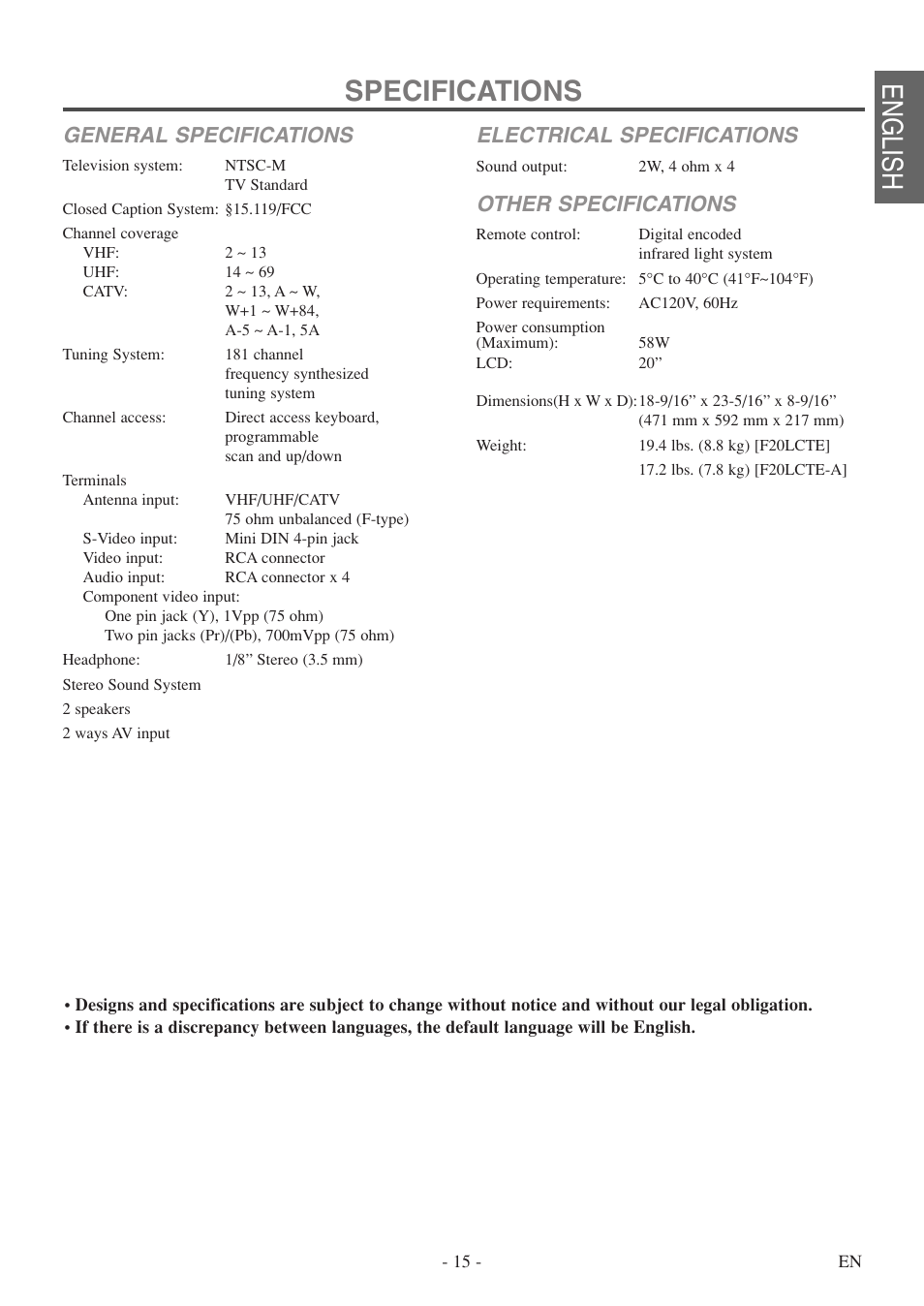 Specifications, English, General specifications | Electrical specifications, Other specifications | FUNAI F20LCTE-A User Manual | Page 15 / 48