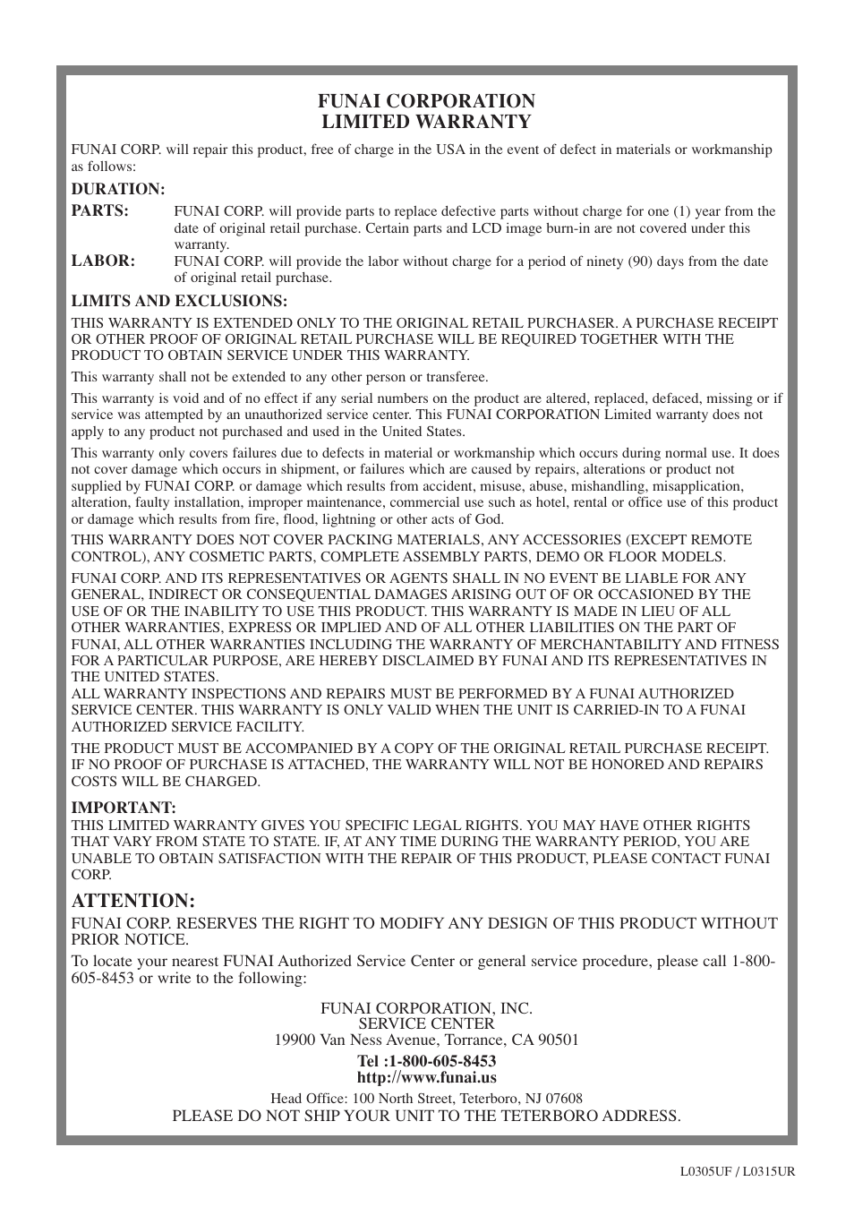 Funai corporation limited warranty, Attention | FUNAI F20LCTE-A User Manual | Page 16 / 48