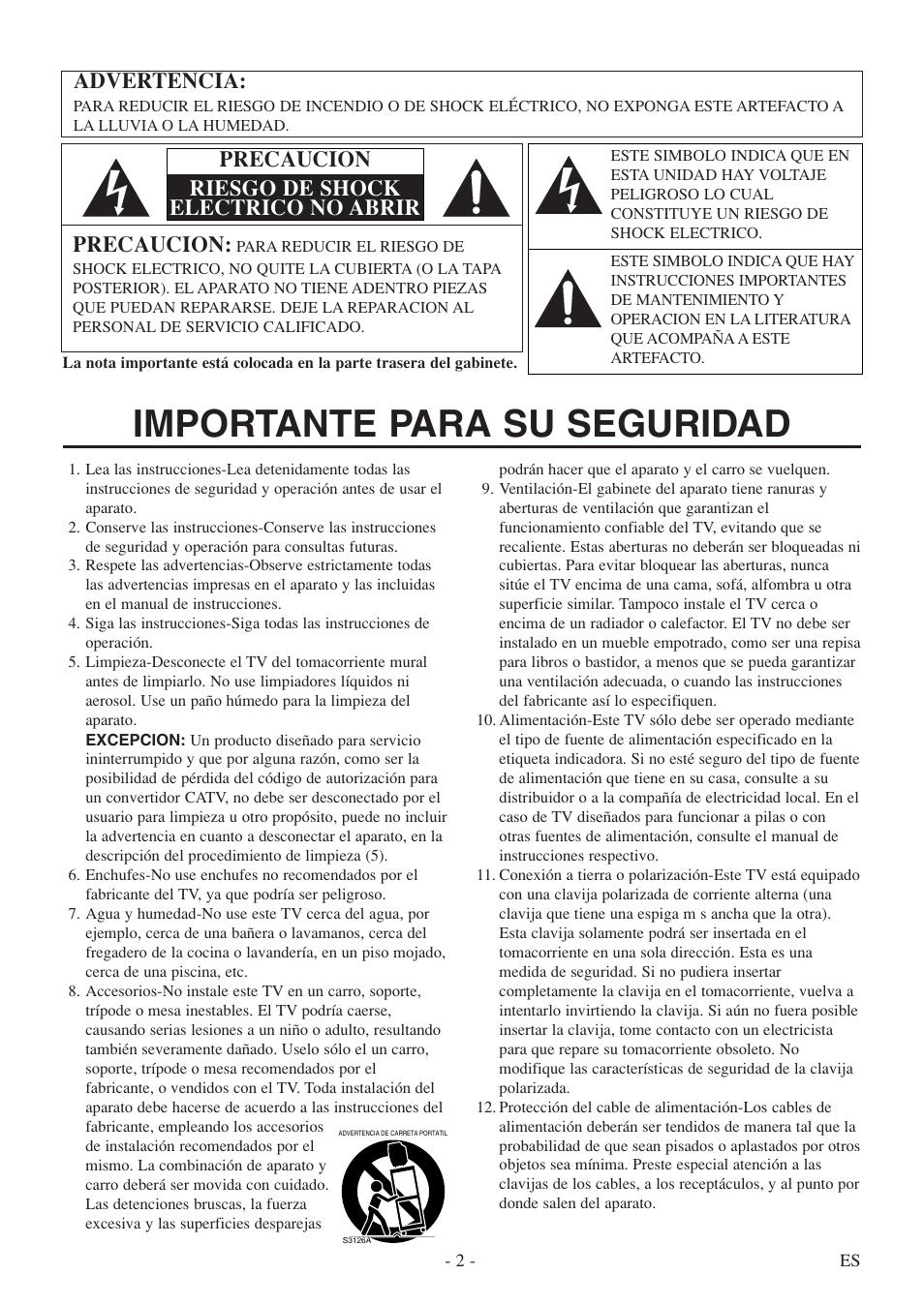 Importante para su seguridad, Advertencia, Precaucion | Precaucion riesgo de shock electrico no abrir | FUNAI F20LCTE-A User Manual | Page 18 / 48