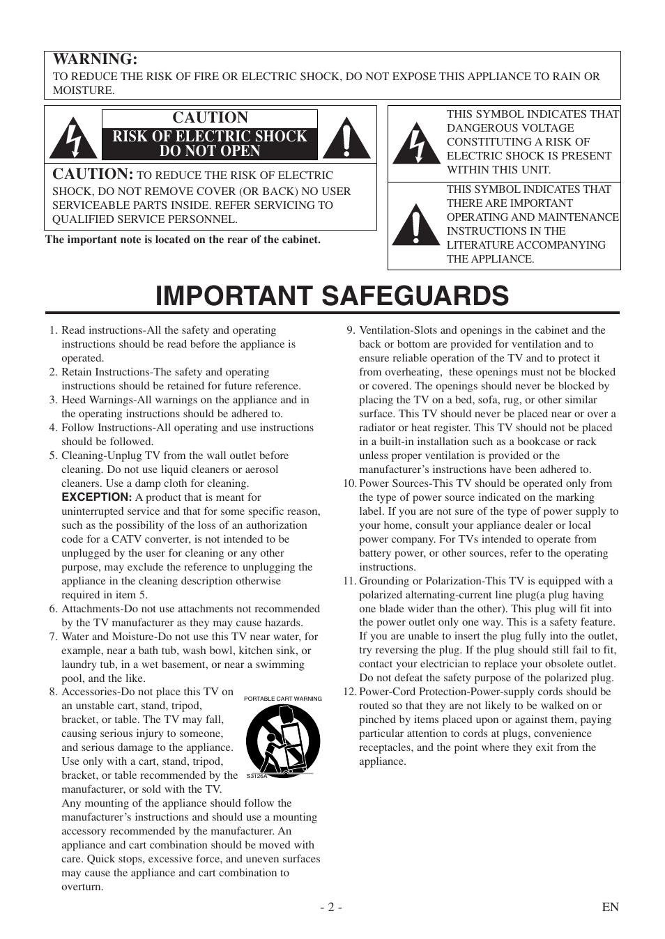 Important safeguards, Warning, Caution | Caution risk of electric shock do not open | FUNAI F20LCTE-A User Manual | Page 2 / 48