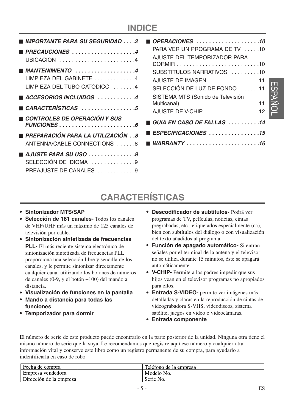 Indice, Características, Esp añol | FUNAI F20LCTE-A User Manual | Page 21 / 48