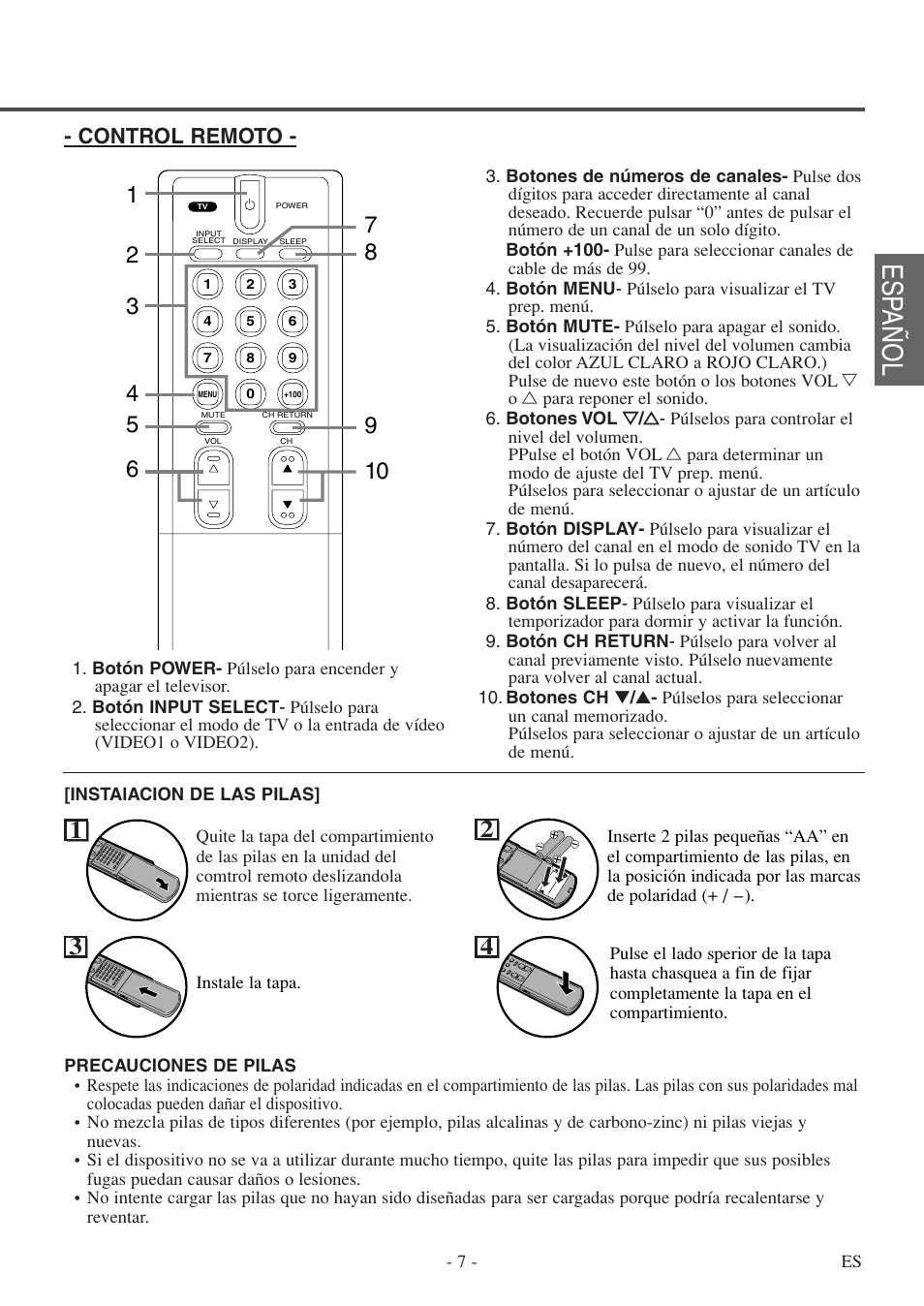 Esp añol, Control remoto | FUNAI F20LCTE-A User Manual | Page 23 / 48