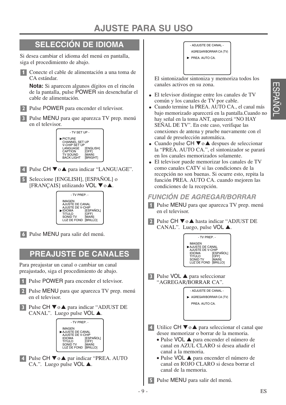 Ajuste para su uso, Esp añol, Selección de idioma preajuste de canales | Función de agregar/borrar | FUNAI F20LCTE-A User Manual | Page 25 / 48