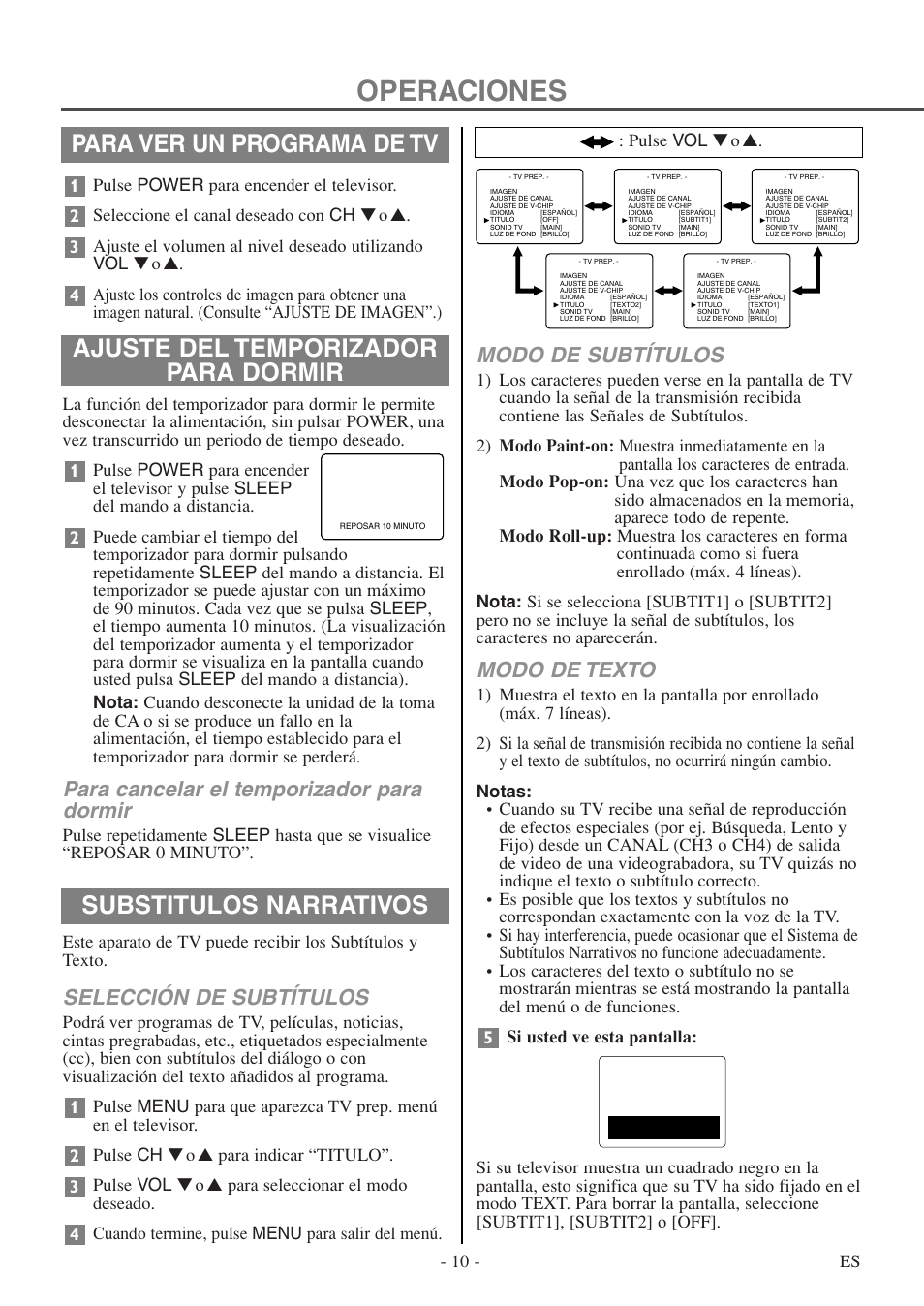 Operaciones, Para ver un programa de tv, Modo de subtítulos | Modo de texto, Para cancelar el temporizador para dormir, Selección de subtítulos, Pulse vol ▼ o | FUNAI F20LCTE-A User Manual | Page 26 / 48