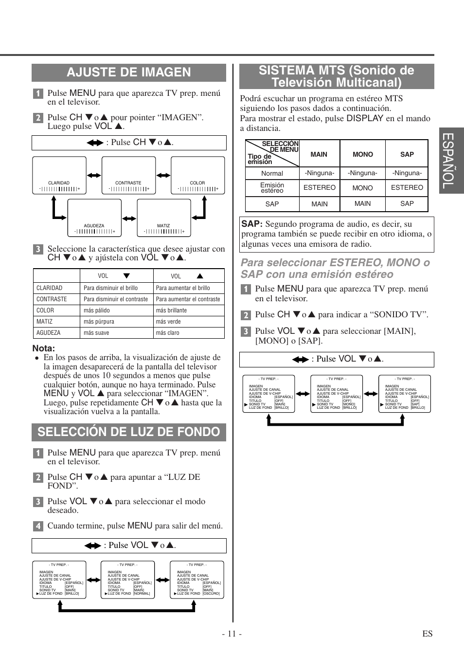 Esp añol, Selección de luz de fondo, Pulse vol ▼ o | Pulse ch ▼ o | FUNAI F20LCTE-A User Manual | Page 27 / 48